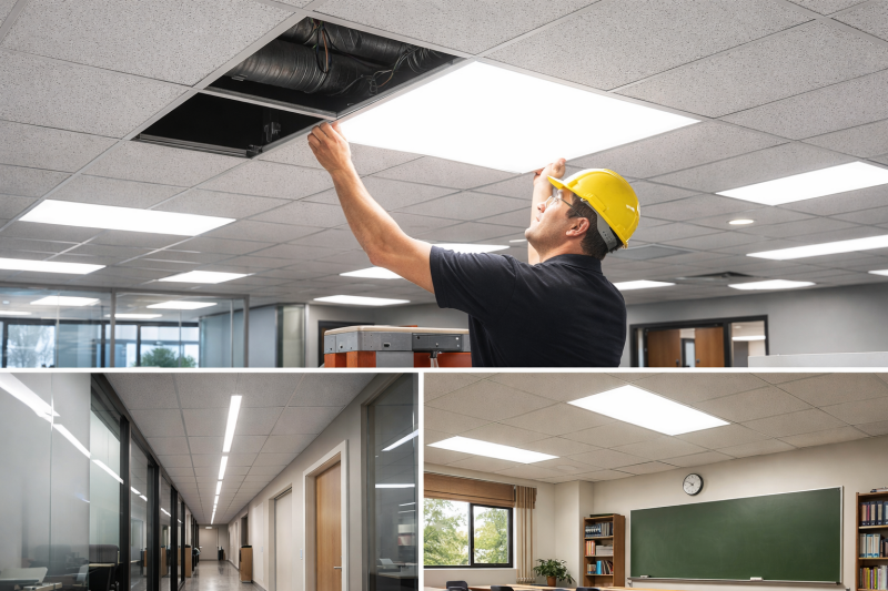 LED retrofit upgrade in an existing commercial building with panel and linear lighting